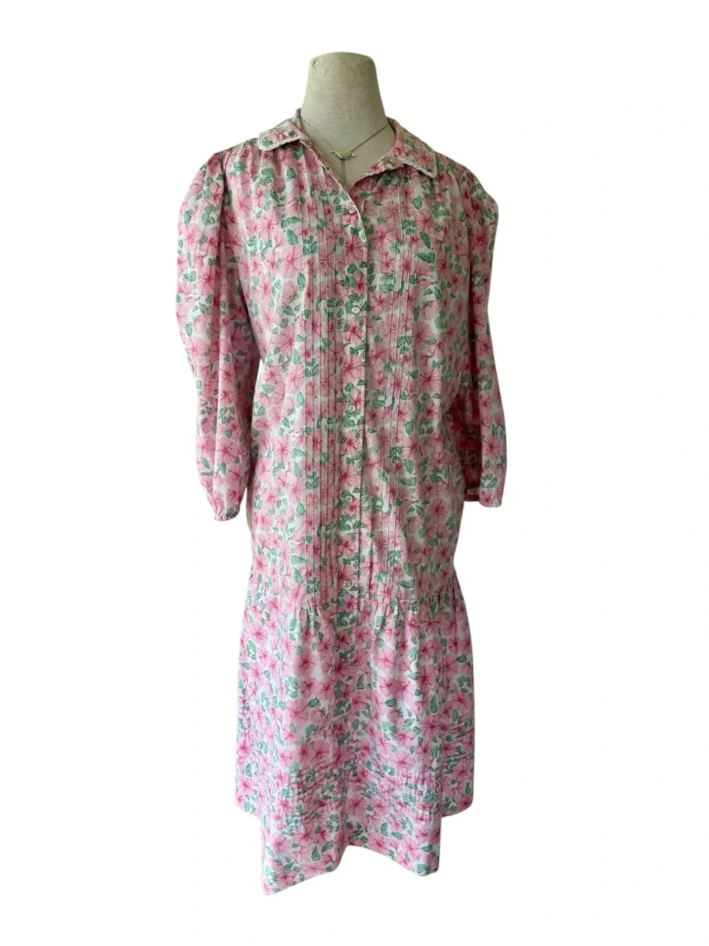 Vtg 80s  Models Coat Pink Floral XL House Dress Robe Puff Sleeve Sz L Cottage
